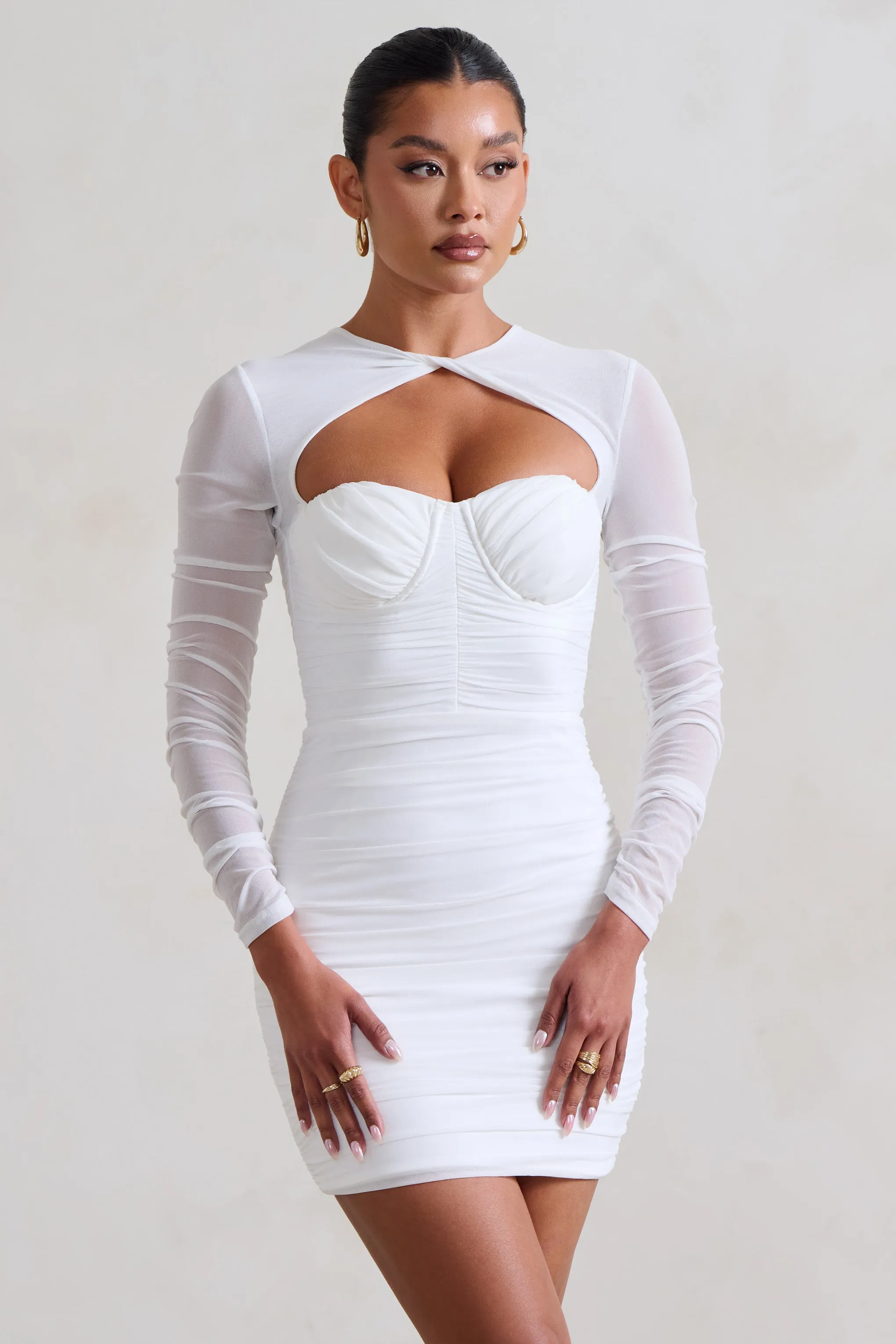 Daiquiri | White Ruched Cut Out Mesh Mini Dress With Long Sleeves sold by Club L London product image thumbnail 5