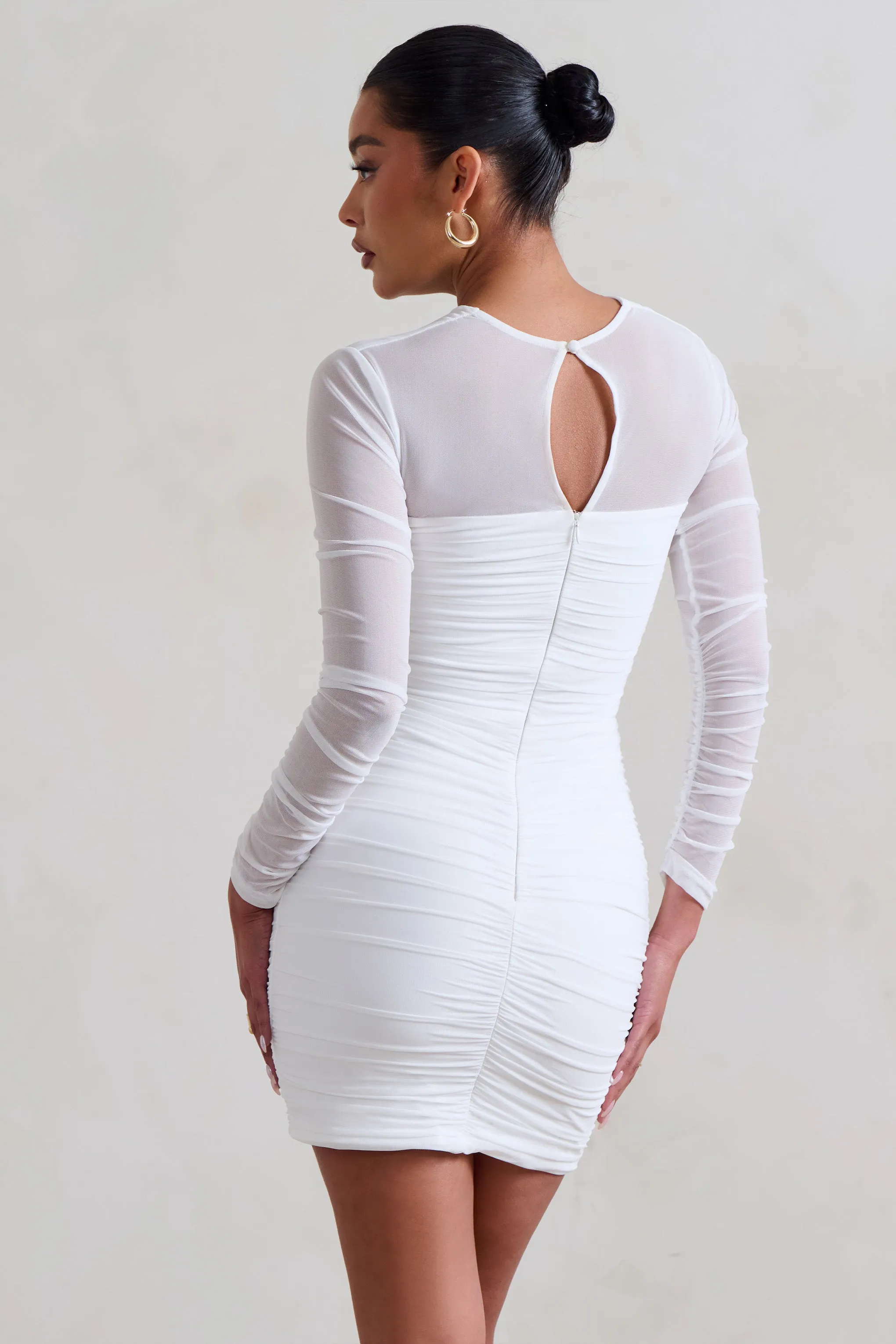 Daiquiri | White Ruched Cut Out Mesh Mini Dress With Long Sleeves sold by Club L London product image thumbnail 2