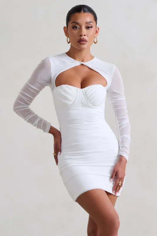 Daiquiri | White Ruched Cut Out Mesh Mini Dress With Long Sleeves sold by Club L London