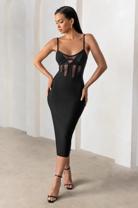 Destiny Calling | Black Bandage Mesh Cut Out Midi Dress With Bra Detail sold by Club L London