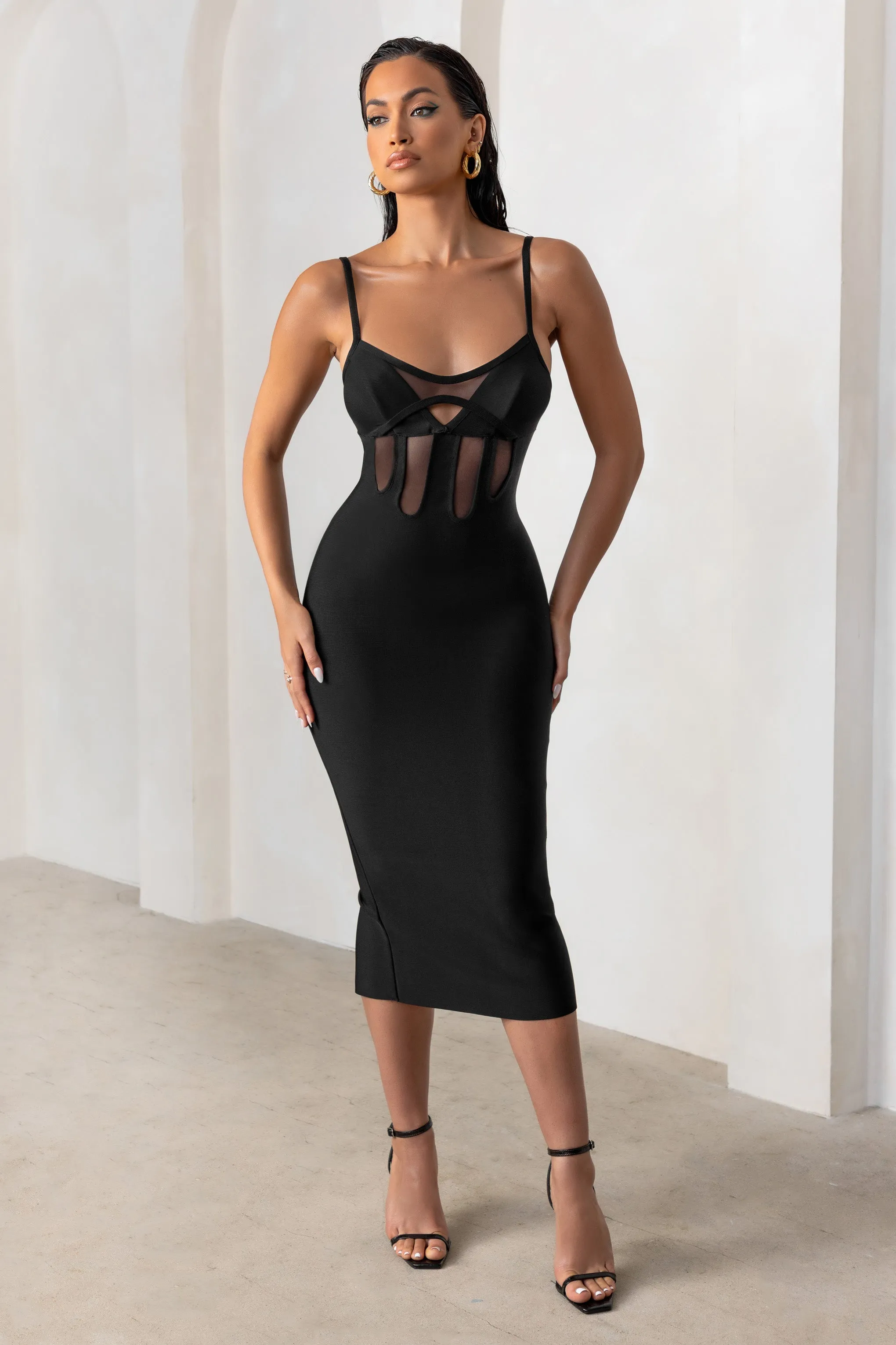 Destiny Calling | Black Bandage Mesh Cut Out Midi Dress With Bra Detail sold by Club L London product image thumbnail 4