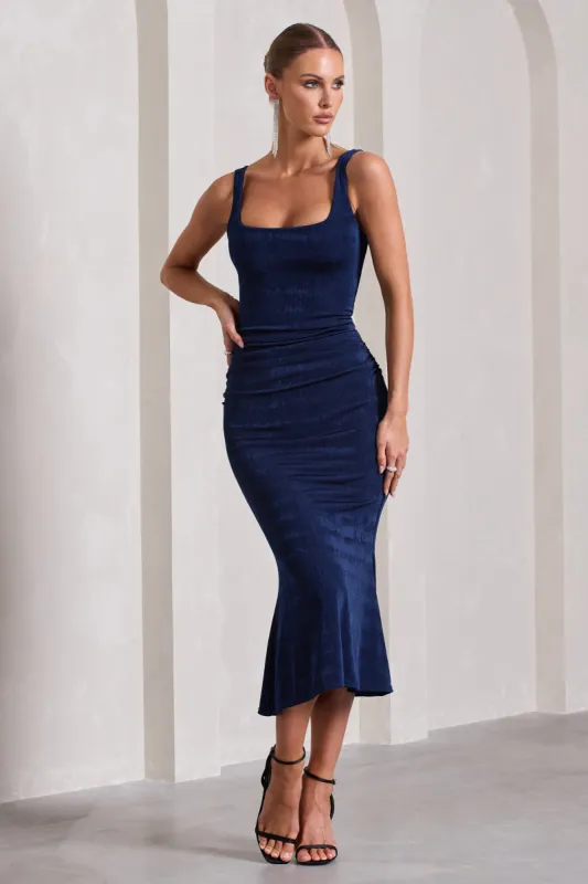 Evora | Navy Ruched Square-Neck  Midi Dress sold by Club L London