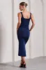 Evora | Navy Ruched Square-Neck  Midi Dress sold by Club L London