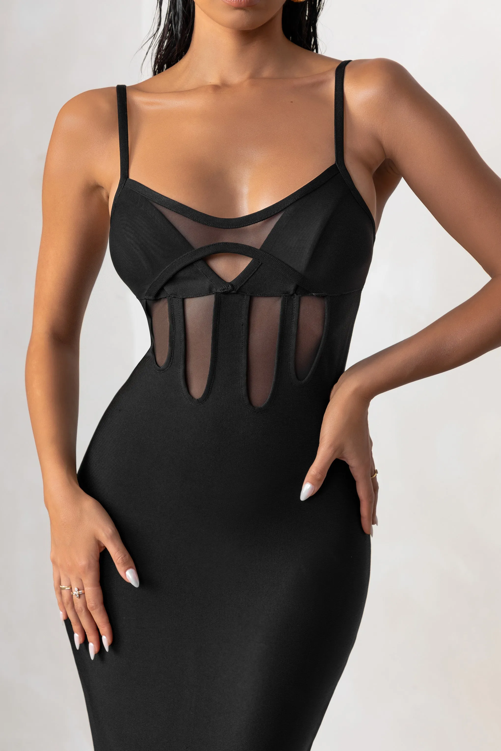 Destiny Calling | Black Bandage Mesh Cut Out Midi Dress With Bra Detail sold by Club L London product image thumbnail 3