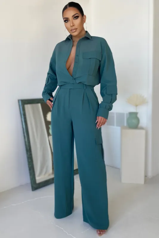 In Talks | Teal Satin Relaxed Wide Leg Utility Pocket Pants sold by Club L London