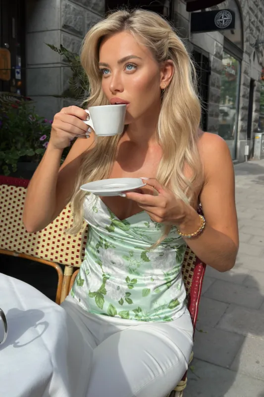 Blossom | White & Green Floral Print Satin Bandeau Corset Top sold by Club L London