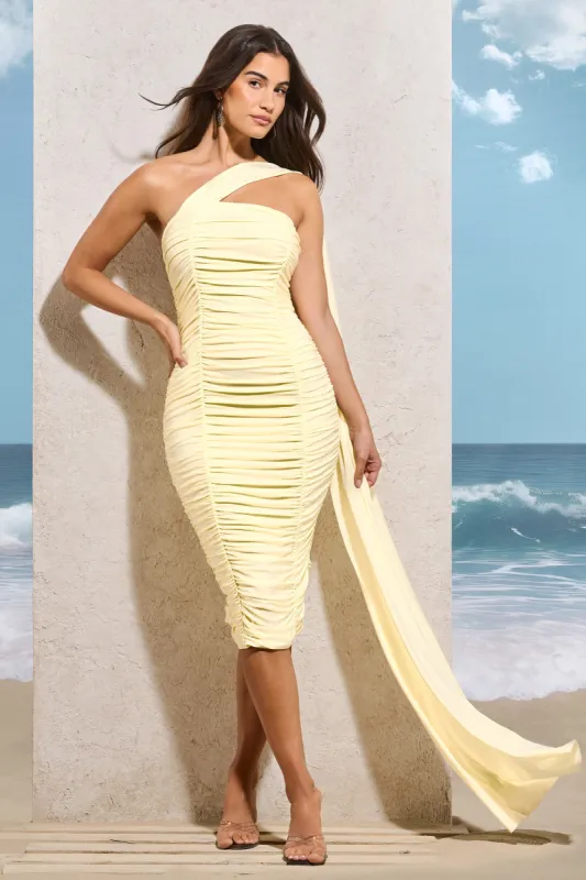 Realign | Lemon Ruched One Shoulder Midi Dress With Sash sold by Club L London