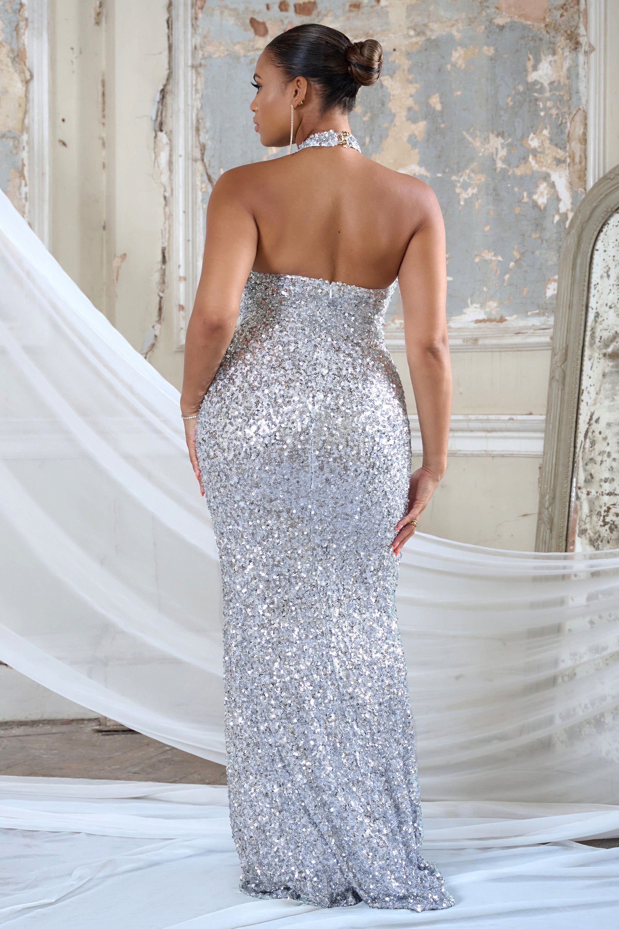 Forever Shining | Silver Sequin Halter Neck Maxi Dress sold by Club L London product image thumbnail 5
