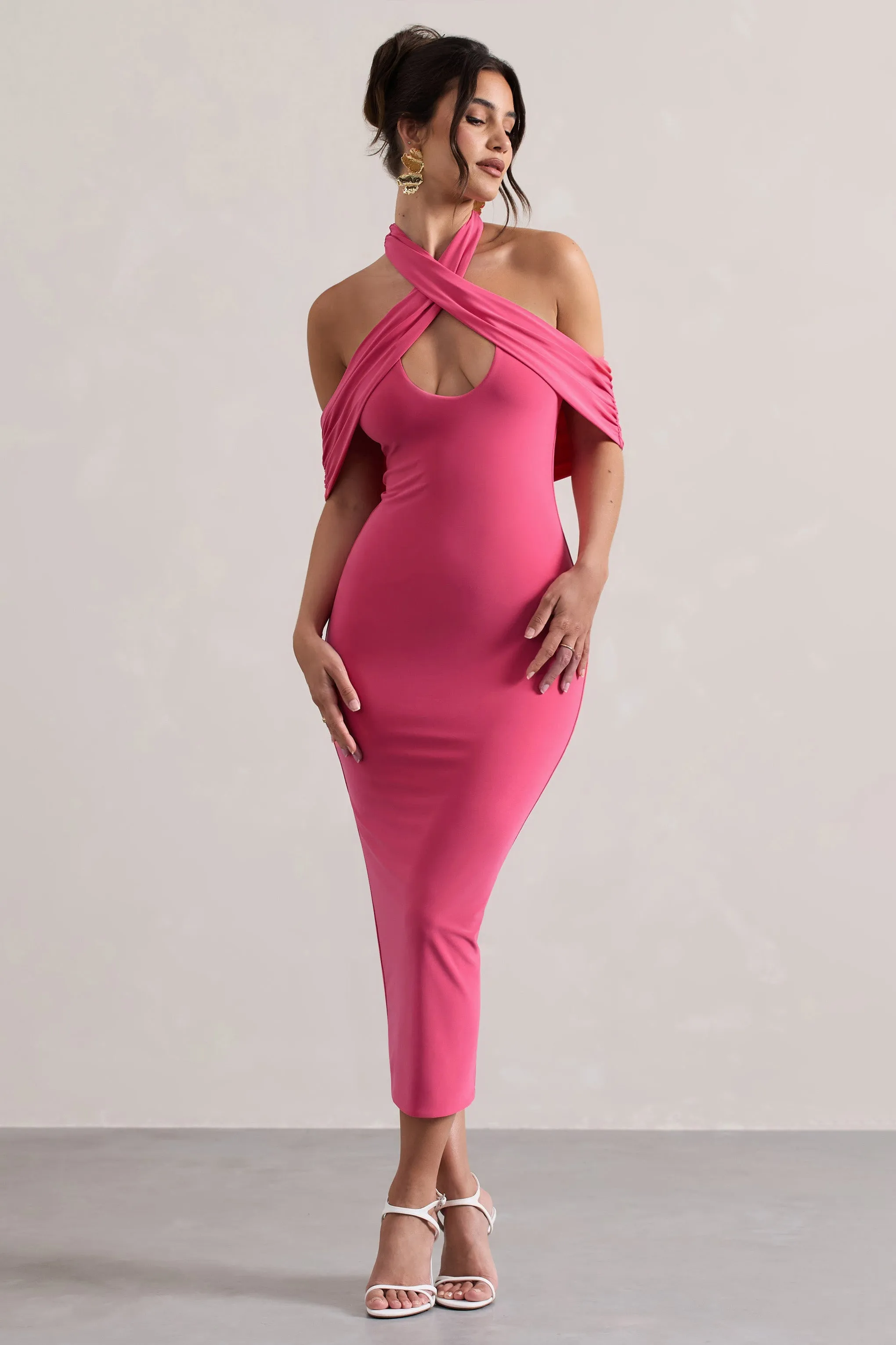 Connect | Pink Bodycon Halter-Neck Midi Dress With Cut-Out sold by Club L London