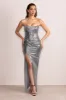 Eloriana | Gunmetal Sequin Bandeau Wrap Skirt Maxi Dress With Side Split sold by Club L London