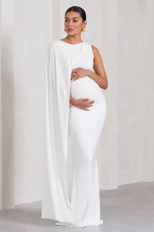Unveil | White One-Sleeve Cape Maternity Maxi Dress sold by Club L London