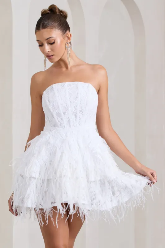 Little Wish | White Sequin Lace Strapless Mini Dress With Feathers sold by Club L London