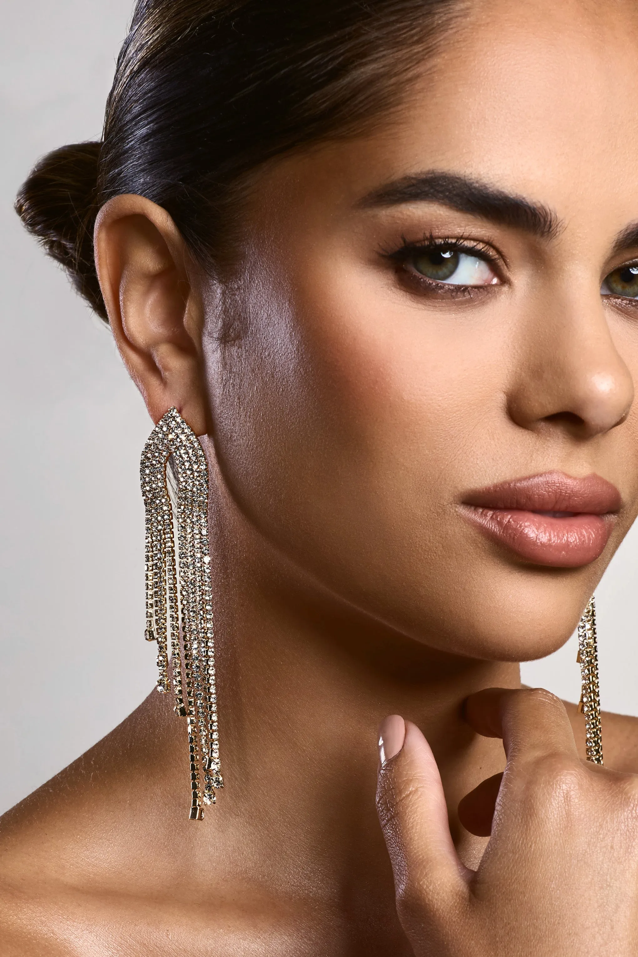 Fabrizia | Gold Diamante Tassel Earrings sold by Club L London product image thumbnail 4