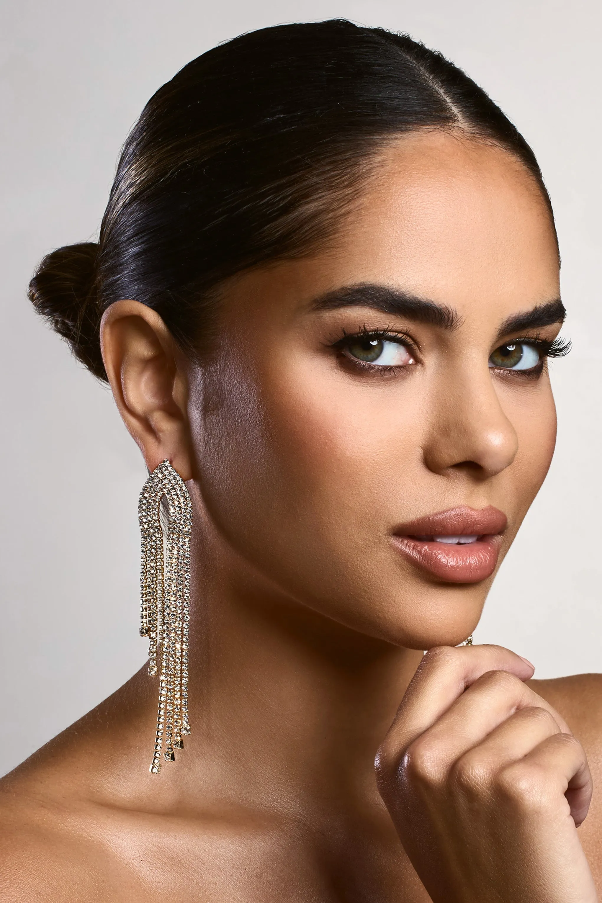 Fabrizia | Gold Diamante Tassel Earrings sold by Club L London product image thumbnail 3