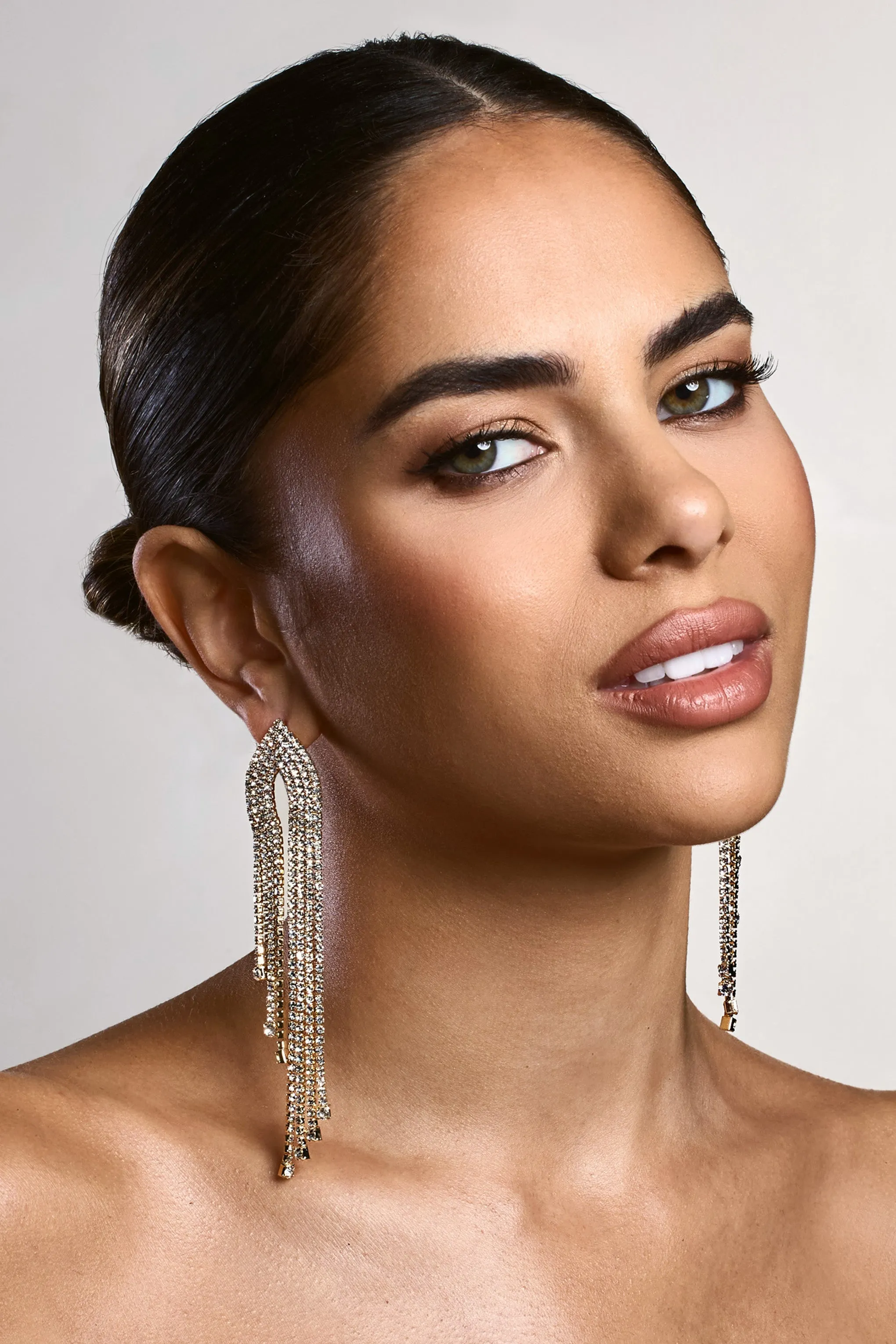 Fabrizia | Gold Diamante Tassel Earrings sold by Club L London product image thumbnail 5