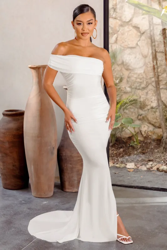 Forever & Always | White One Shoulder Fishtail Maxi Dress sold by Club L London