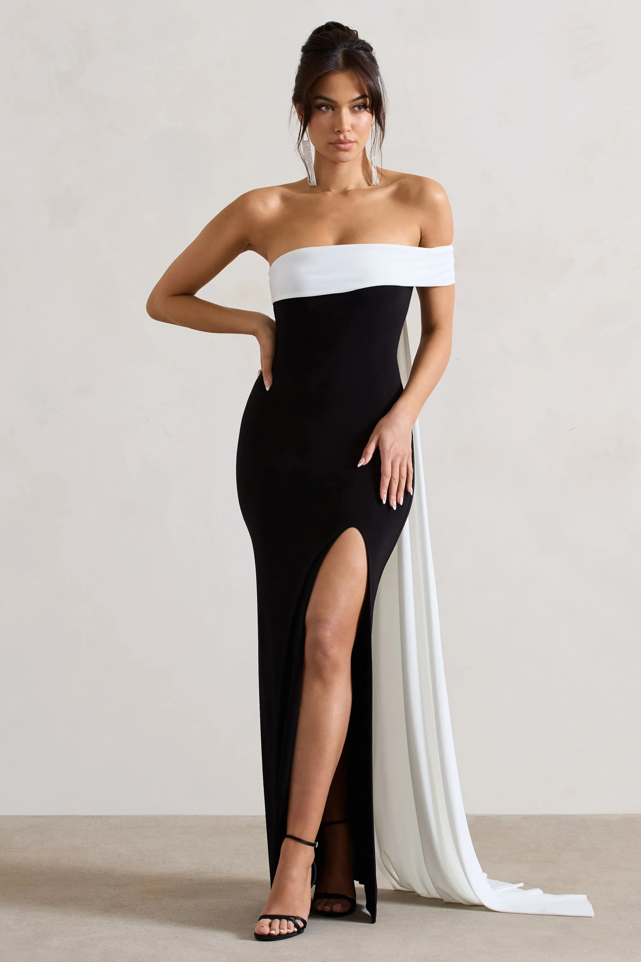 Legacy | Black & White Bardot Split Maxi Dress With Drape sold by Club L London product image thumbnail 3