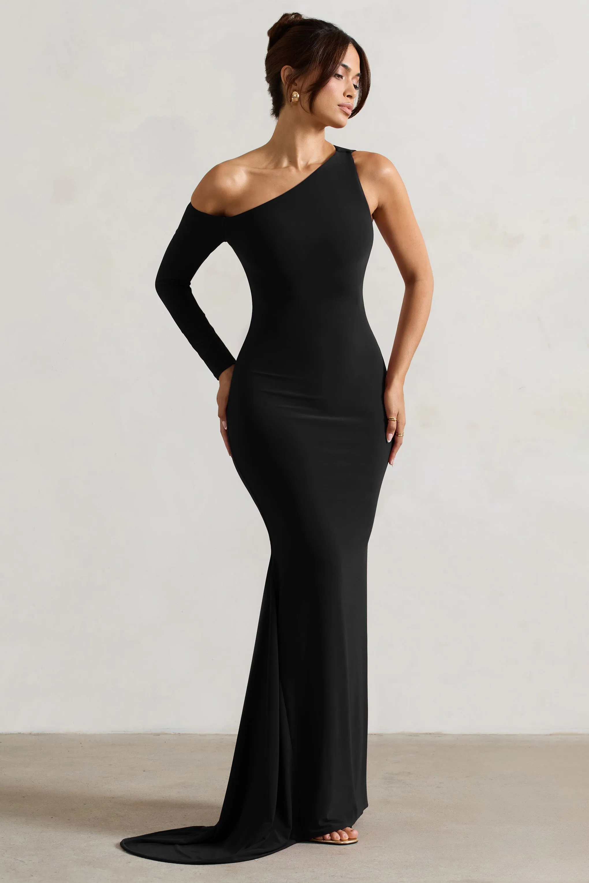 Contradiction | Black One-Sleeve Asymmetric Maxi Dress sold by Club L London