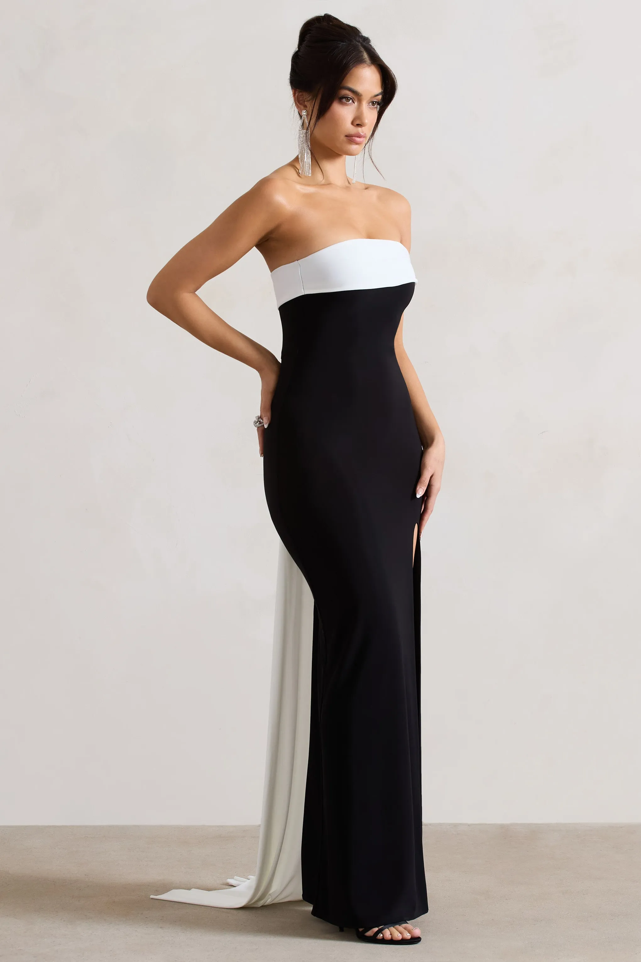 Legacy | Black & White Bardot Split Maxi Dress With Drape sold by Club L London product image thumbnail 4