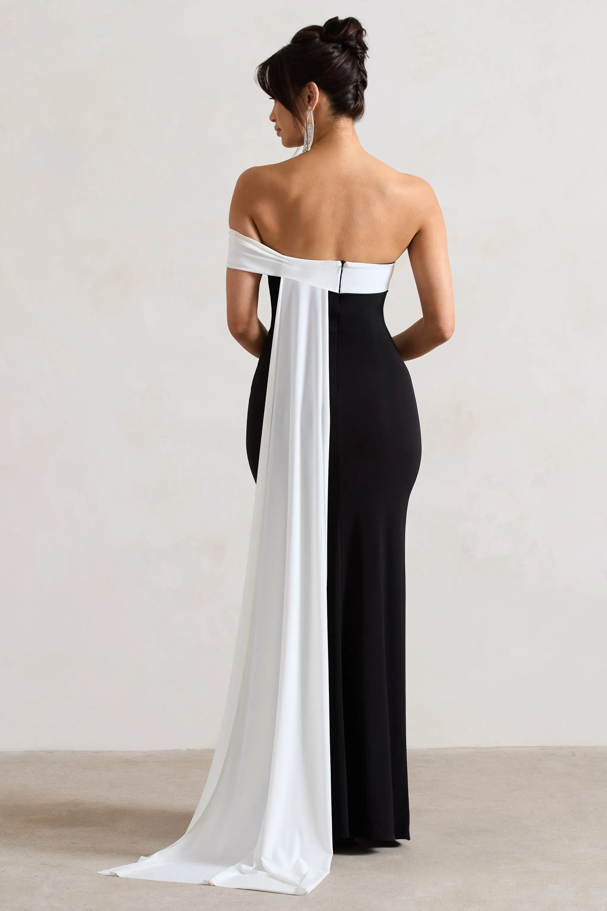Legacy | Black & White Bardot Split Maxi Dress With Drape sold by Club L London product image thumbnail 2