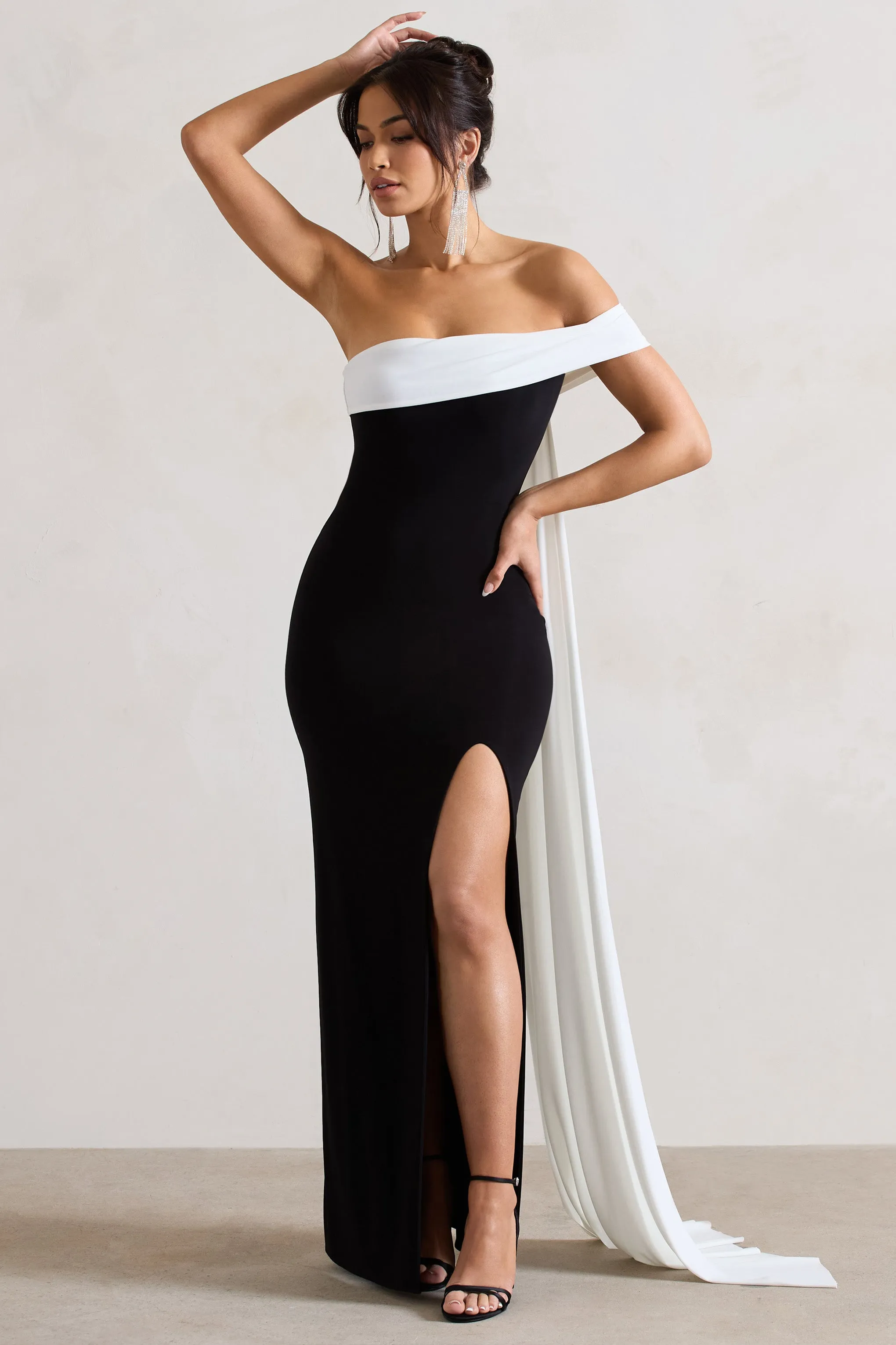 Legacy | Black & White Bardot Split Maxi Dress With Drape sold by Club L London