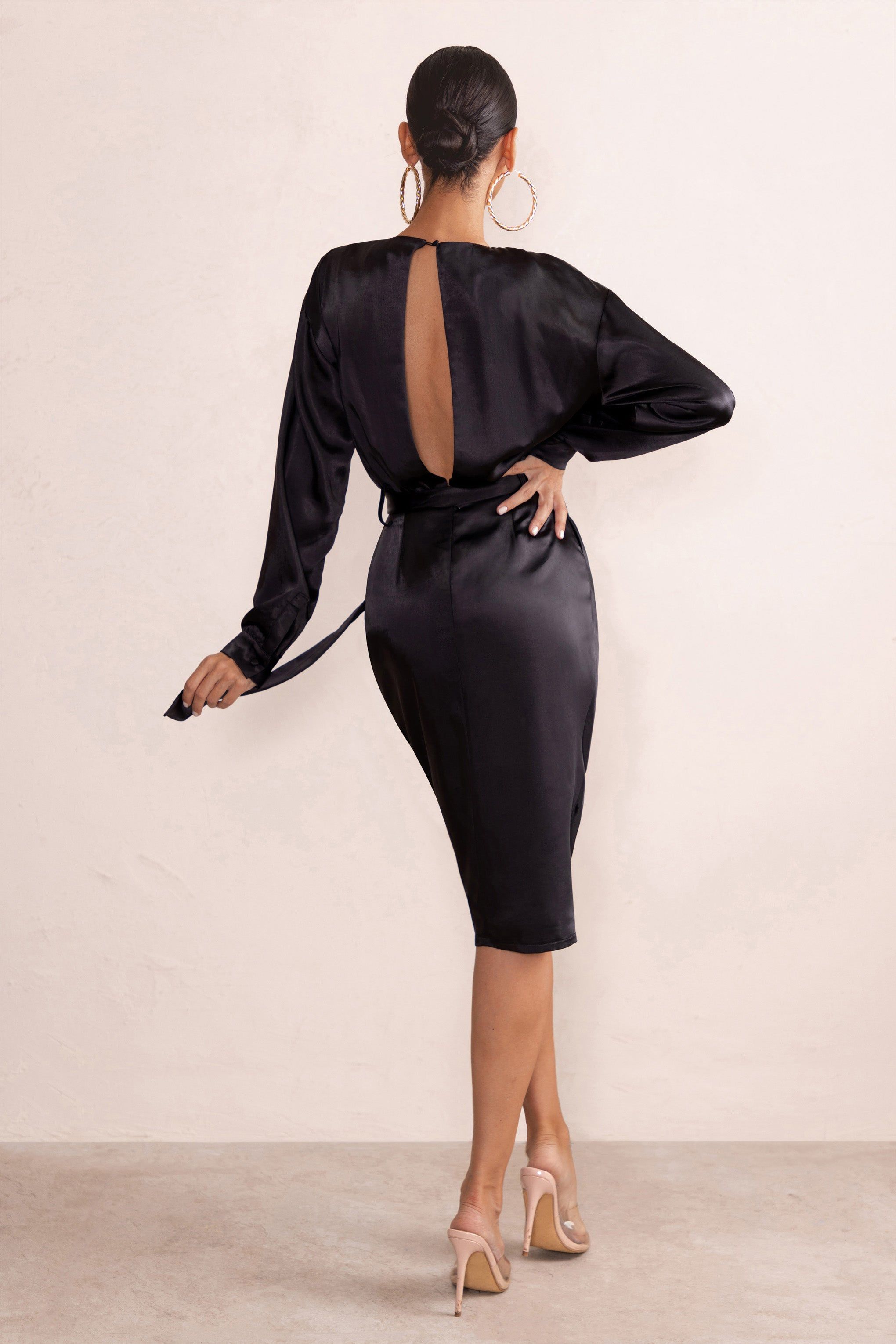 True Romance | Black Satin Plunge Neck Midi Dress With Belt Detail sold by Club L London product image thumbnail 2