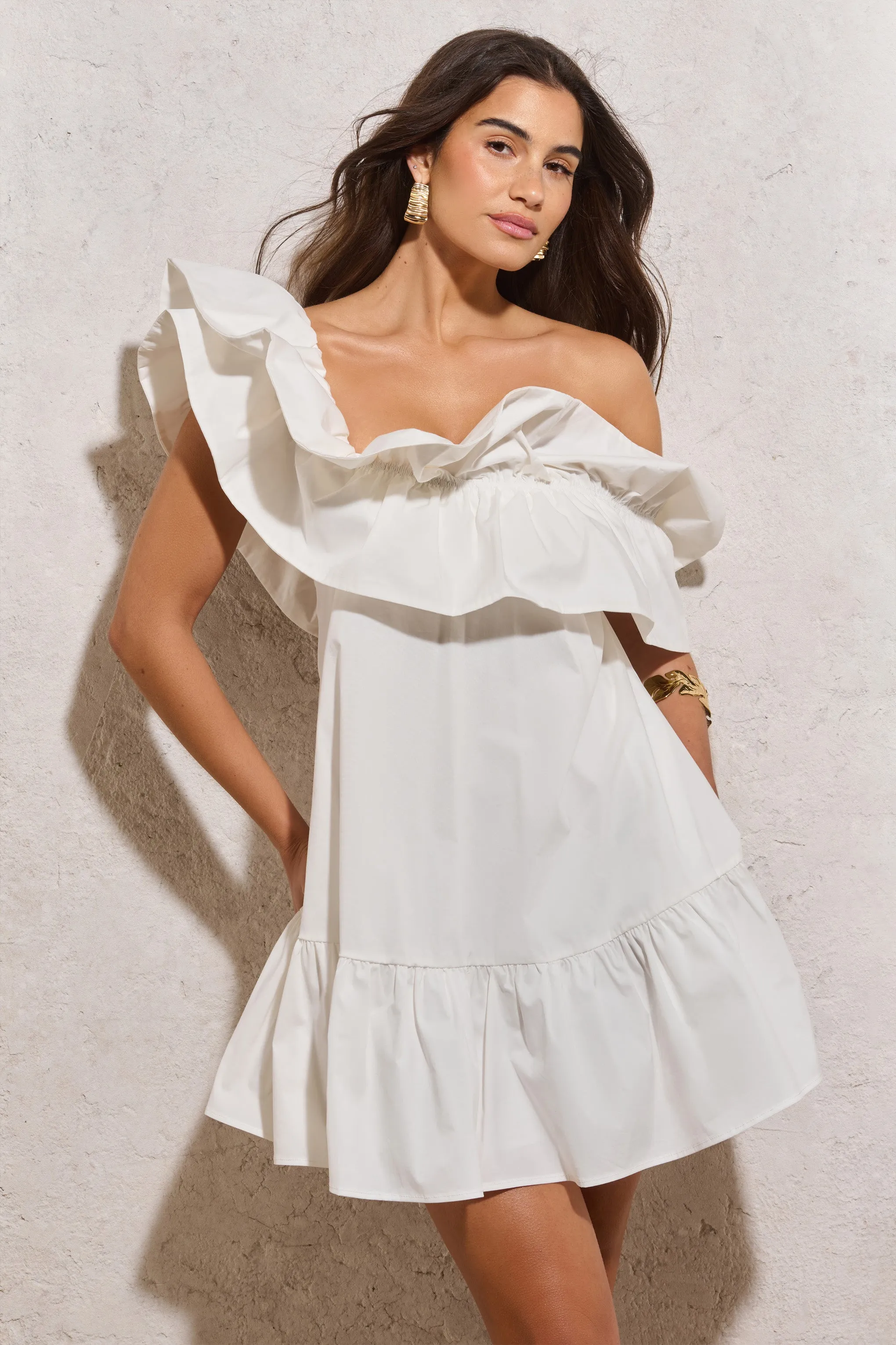 Saylor | White Poplin Asymmetric Ruffle Mini Dress sold by Club L London product image thumbnail 3