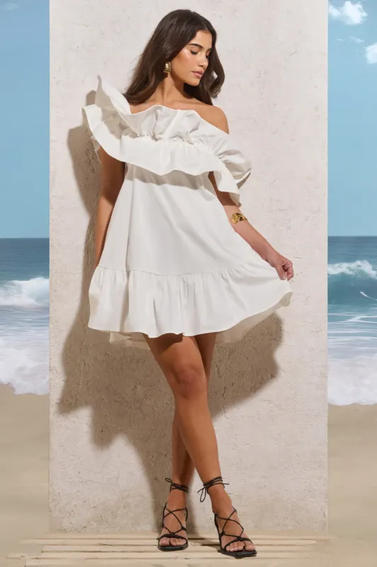 Saylor | White Poplin Asymmetric Ruffle Mini Dress sold by Club L London