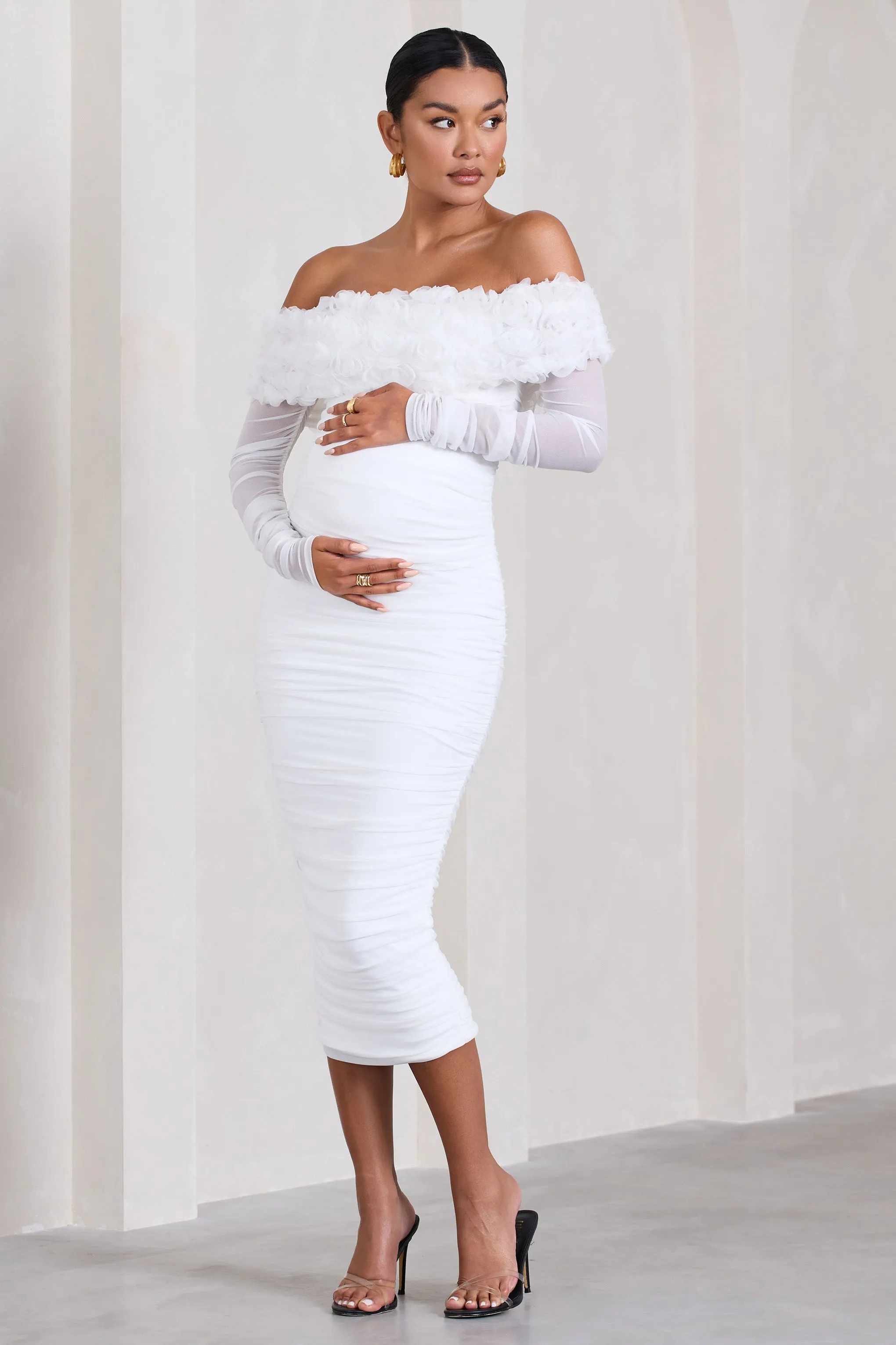 Orchid | White Ruched Mesh Floral Bardot Maternity Midi Dress sold by Club L London product image thumbnail 4