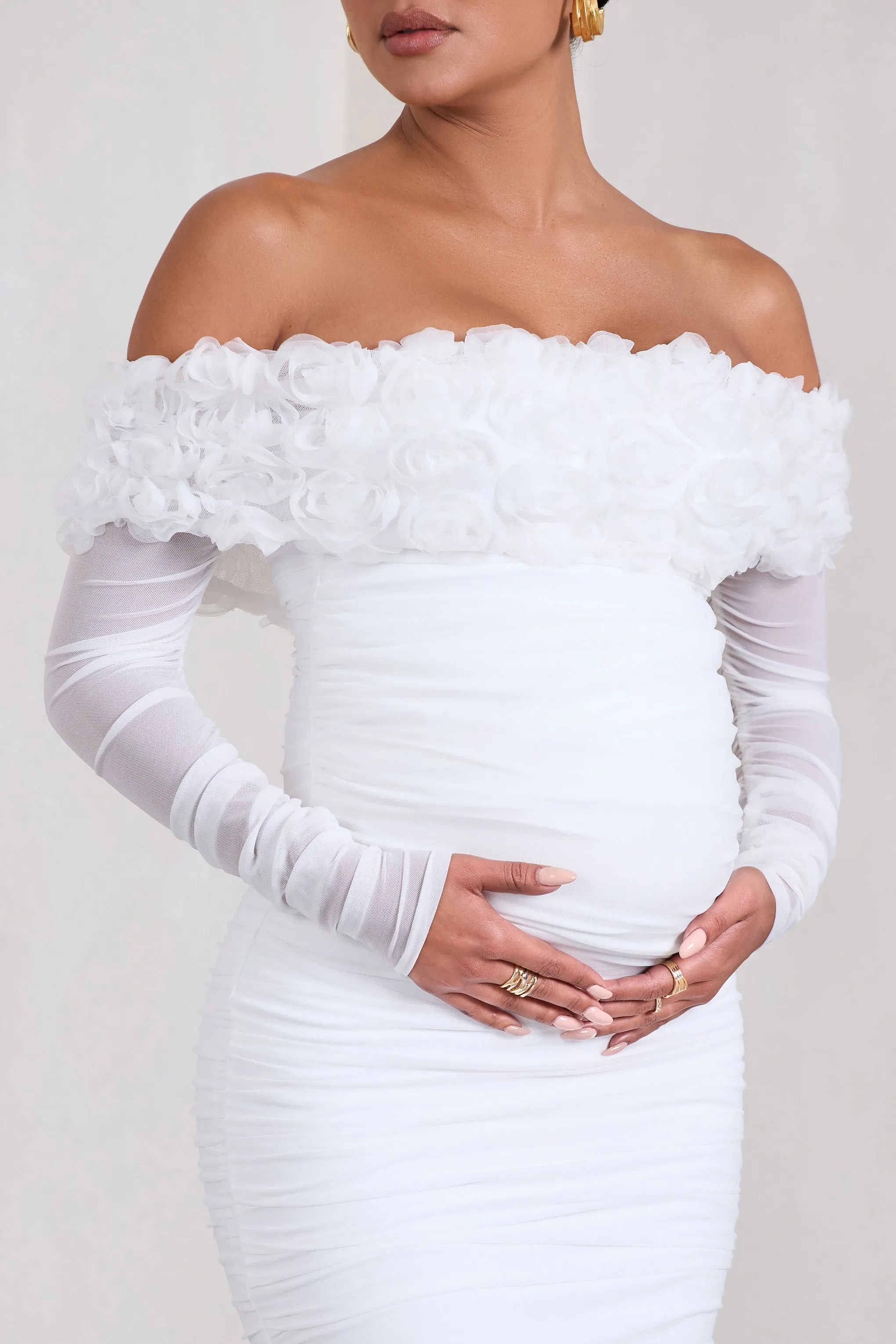 Orchid | White Ruched Mesh Floral Bardot Maternity Midi Dress sold by Club L London product image thumbnail 3