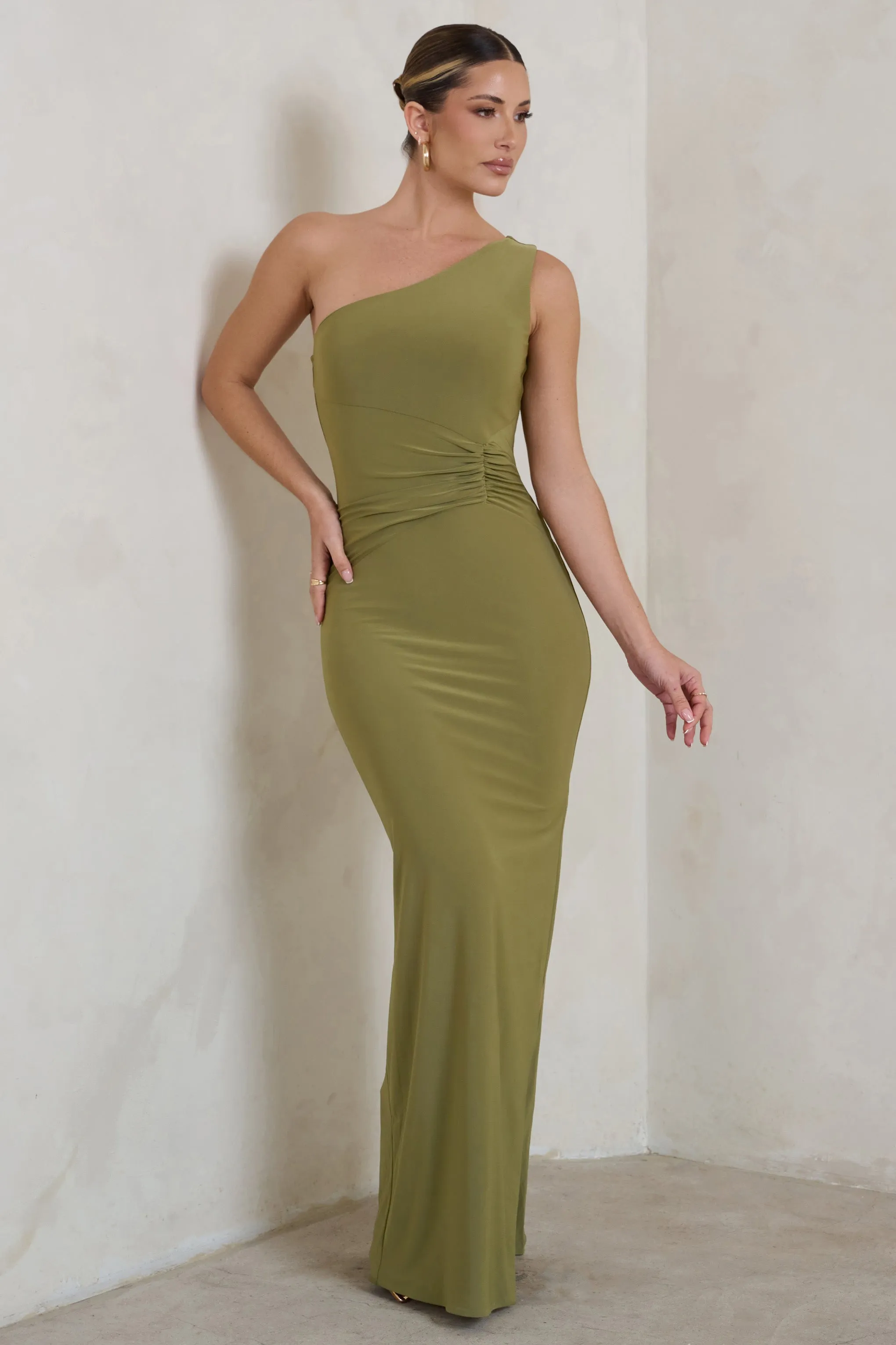 Kary | Olive Green One Shoulder Thigh Split Maxi Dress sold by Club L London product image thumbnail 4
