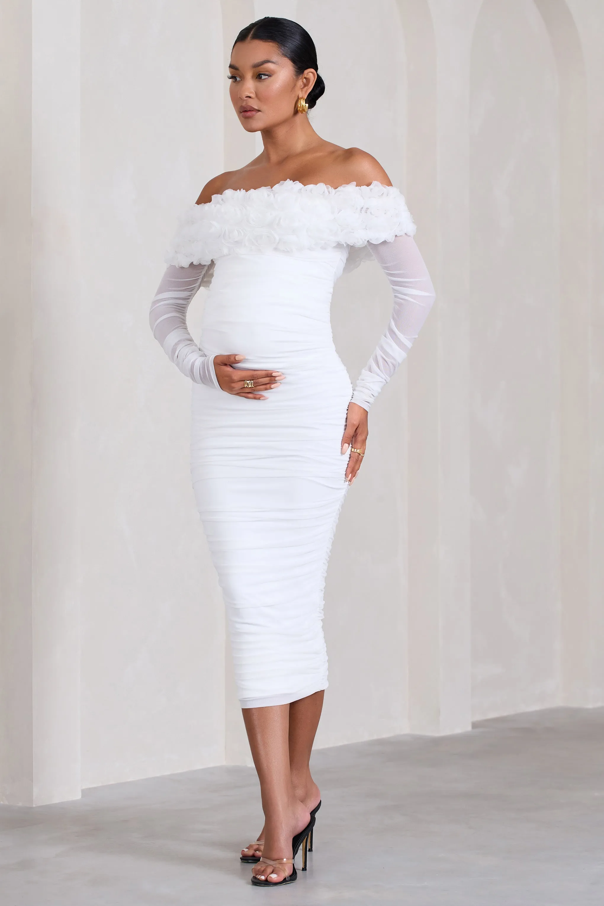 Orchid | White Ruched Mesh Floral Bardot Maternity Midi Dress sold by Club L London product image thumbnail 5