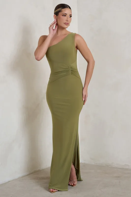 Kary | Olive Green One Shoulder Thigh Split Maxi Dress sold by Club L London