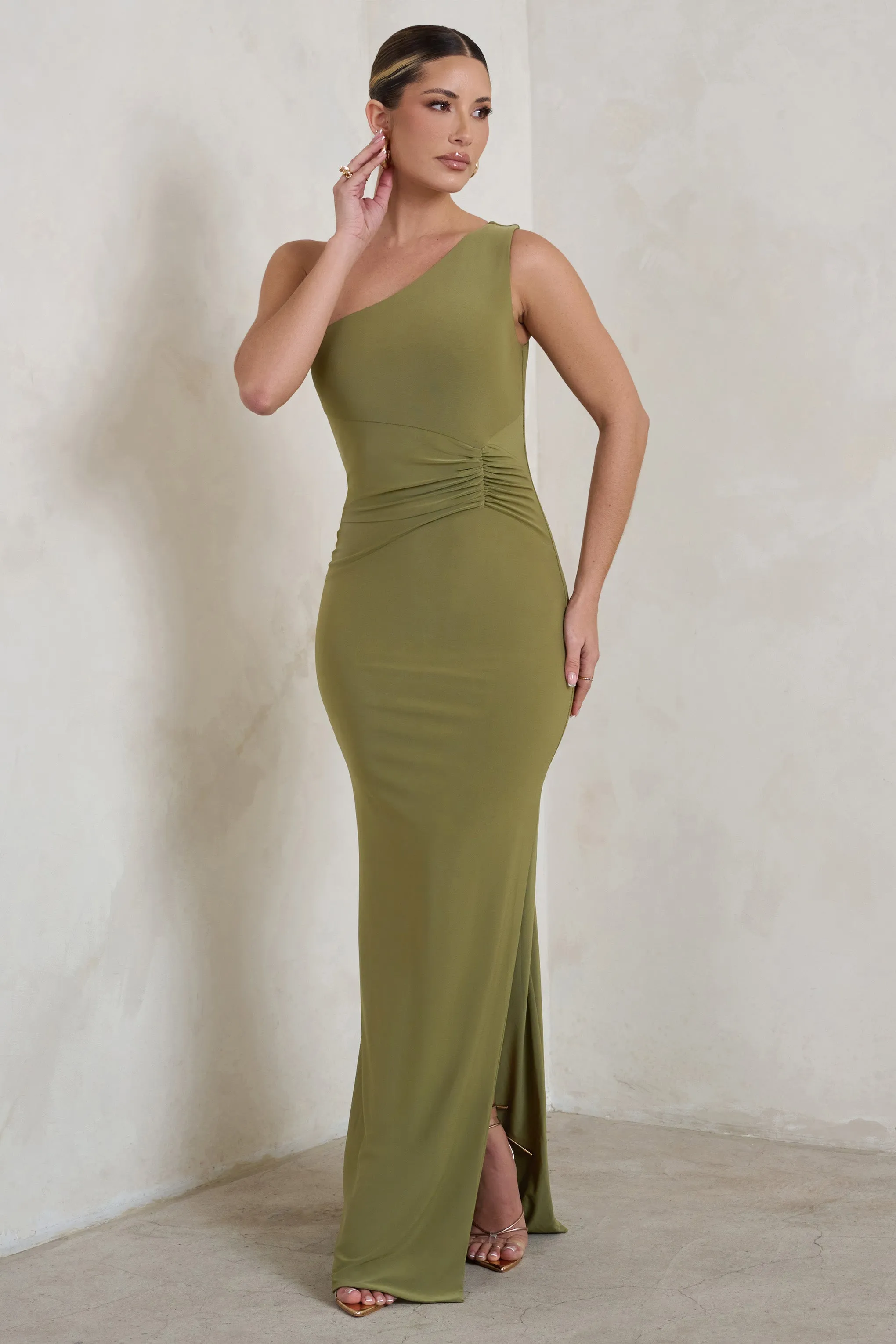 Kary | Olive Green One Shoulder Thigh Split Maxi Dress sold by Club L London