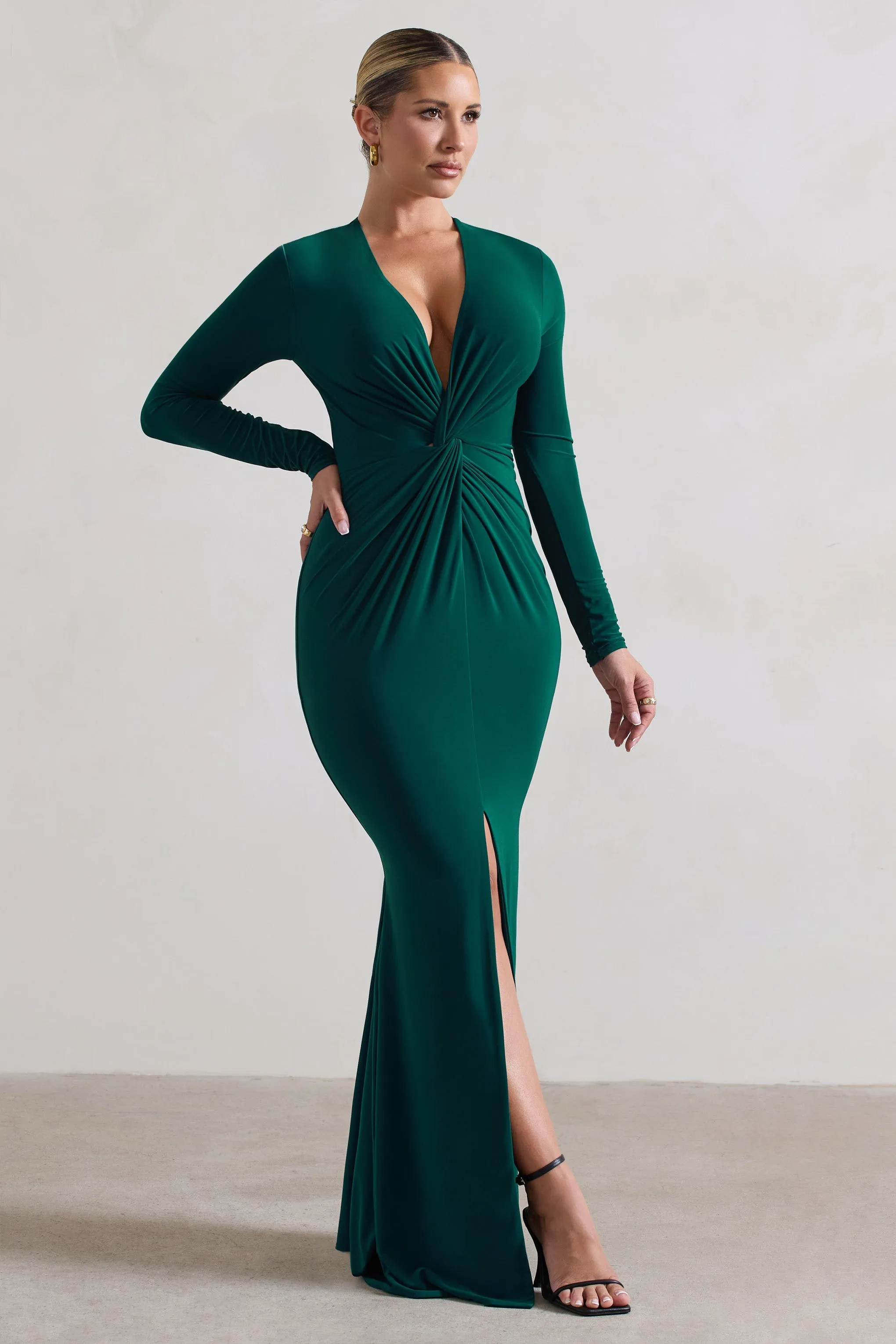 Tianna | Bottle Green Plunge-Neck Twisted Split Maxi Dress sold by Club L London product image thumbnail 5