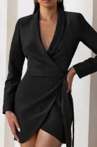Ariel | Black Plunge Neck Tie Waist Tailored Blazer Mini Dress sold by Club L London
