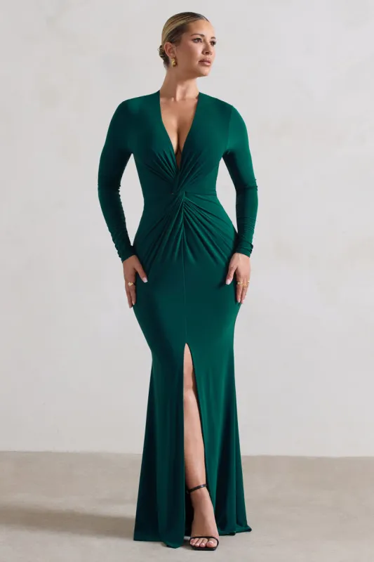 Tianna | Bottle Green Plunge-Neck Twisted Split Maxi Dress sold by Club L London