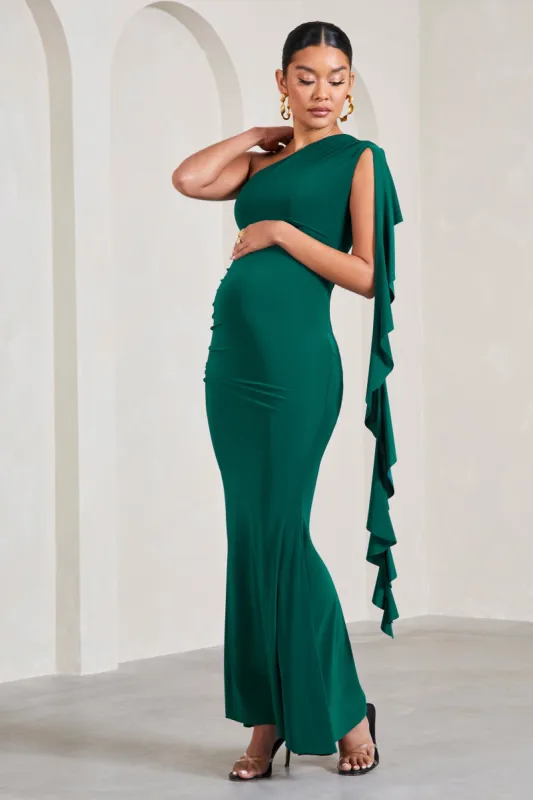 Rosalie | Bottle Green One-Shoulder Maternity Maxi Dress With Ruffles sold by Club L London