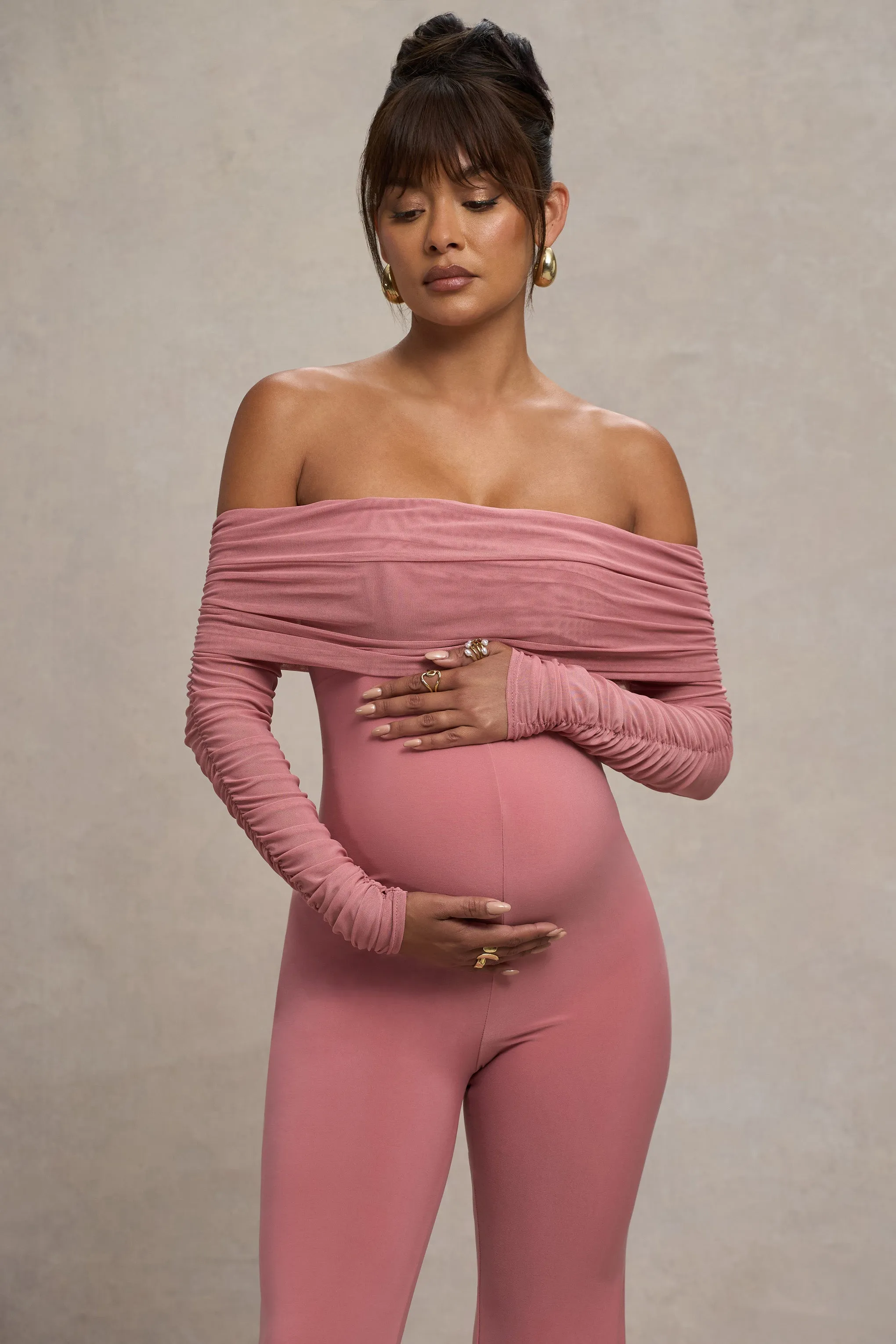 Count Down | Blush Pink Maternity Ruched Mesh Bardot Jumpsuit sold by Club L London product image thumbnail 3