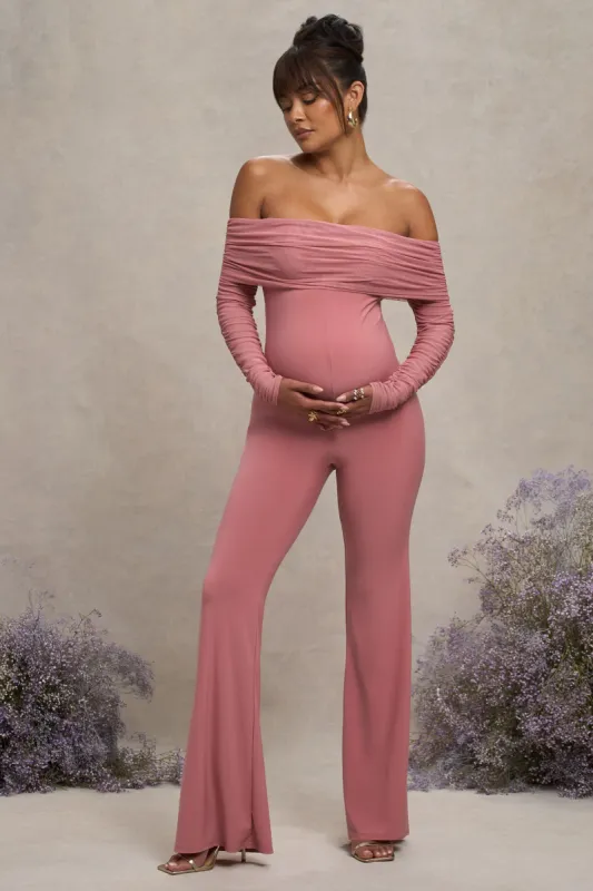 Count Down | Blush Pink Maternity Ruched Mesh Bardot Jumpsuit sold by Club L London