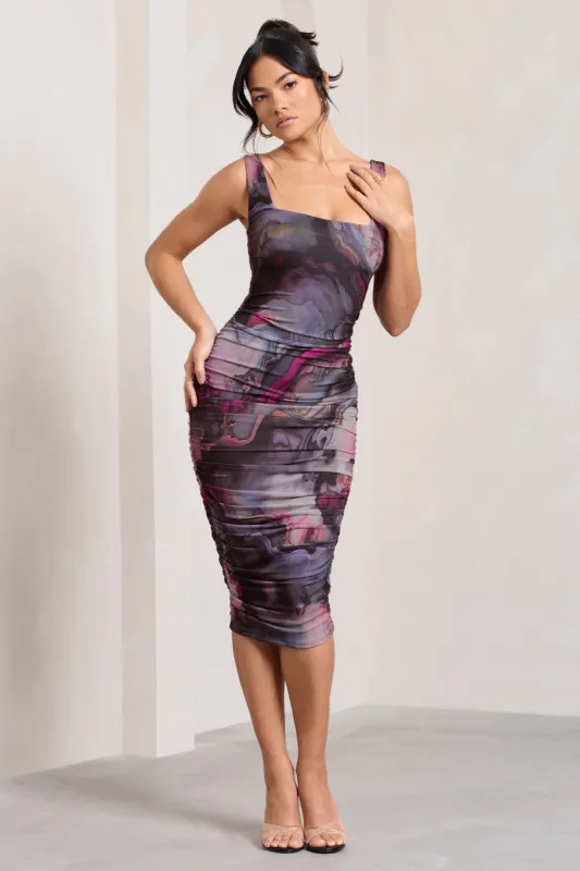Lisbon | Marble Blue Print Square Neck Ruched Midi Dress sold by Club L London