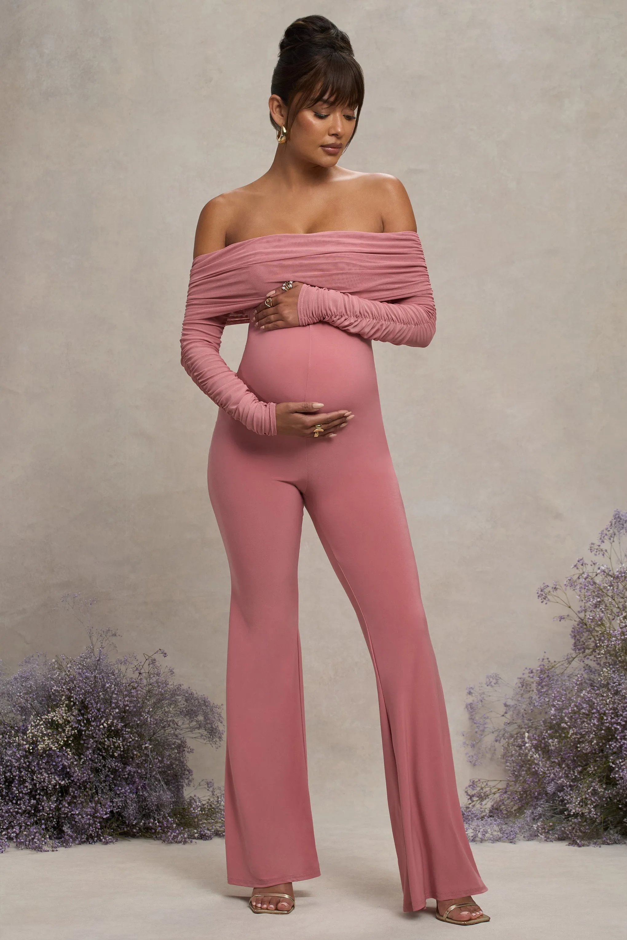 Count Down | Blush Pink Maternity Ruched Mesh Bardot Jumpsuit sold by Club L London product image thumbnail 5