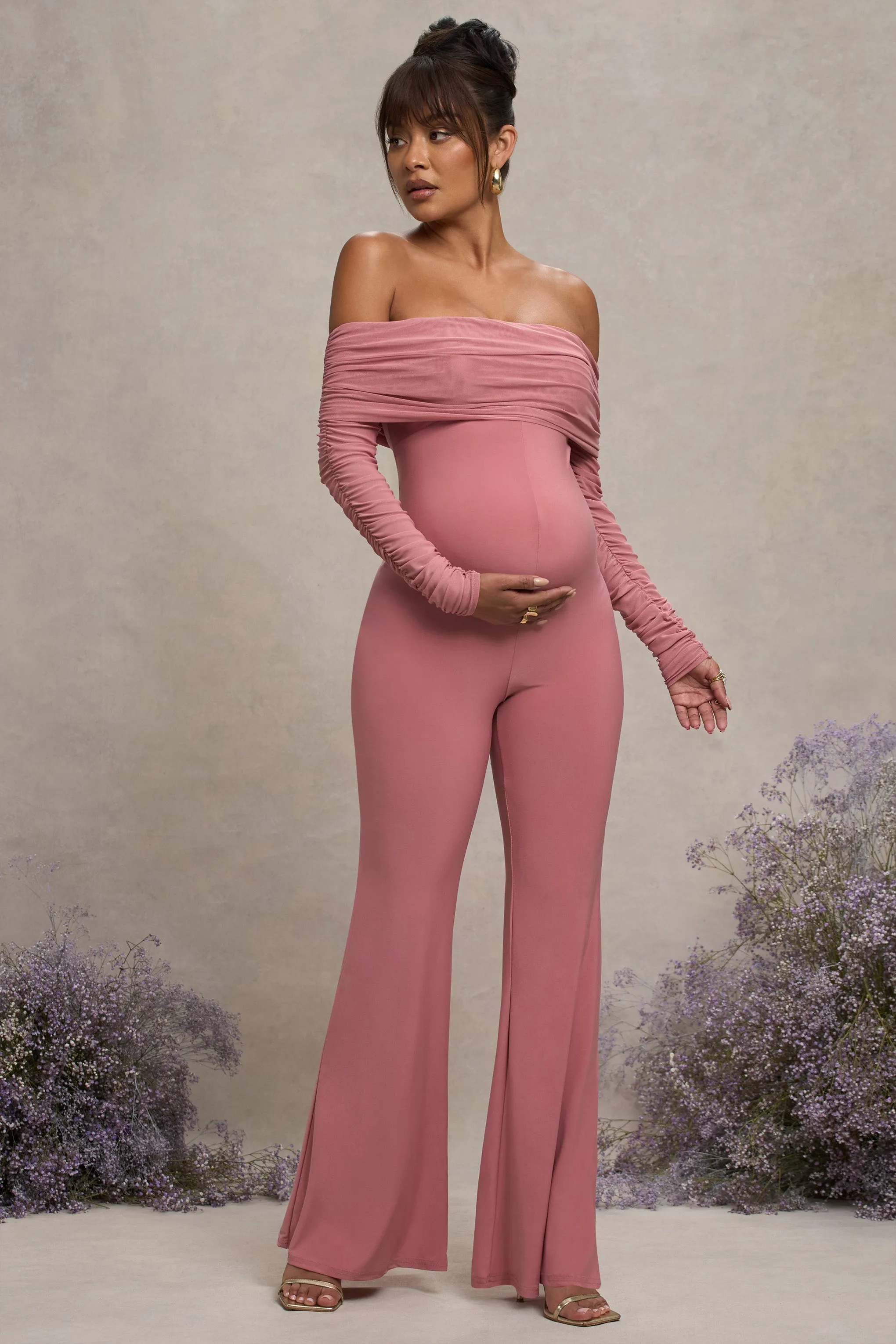 Count Down | Blush Pink Maternity Ruched Mesh Bardot Jumpsuit sold by Club L London product image thumbnail 4