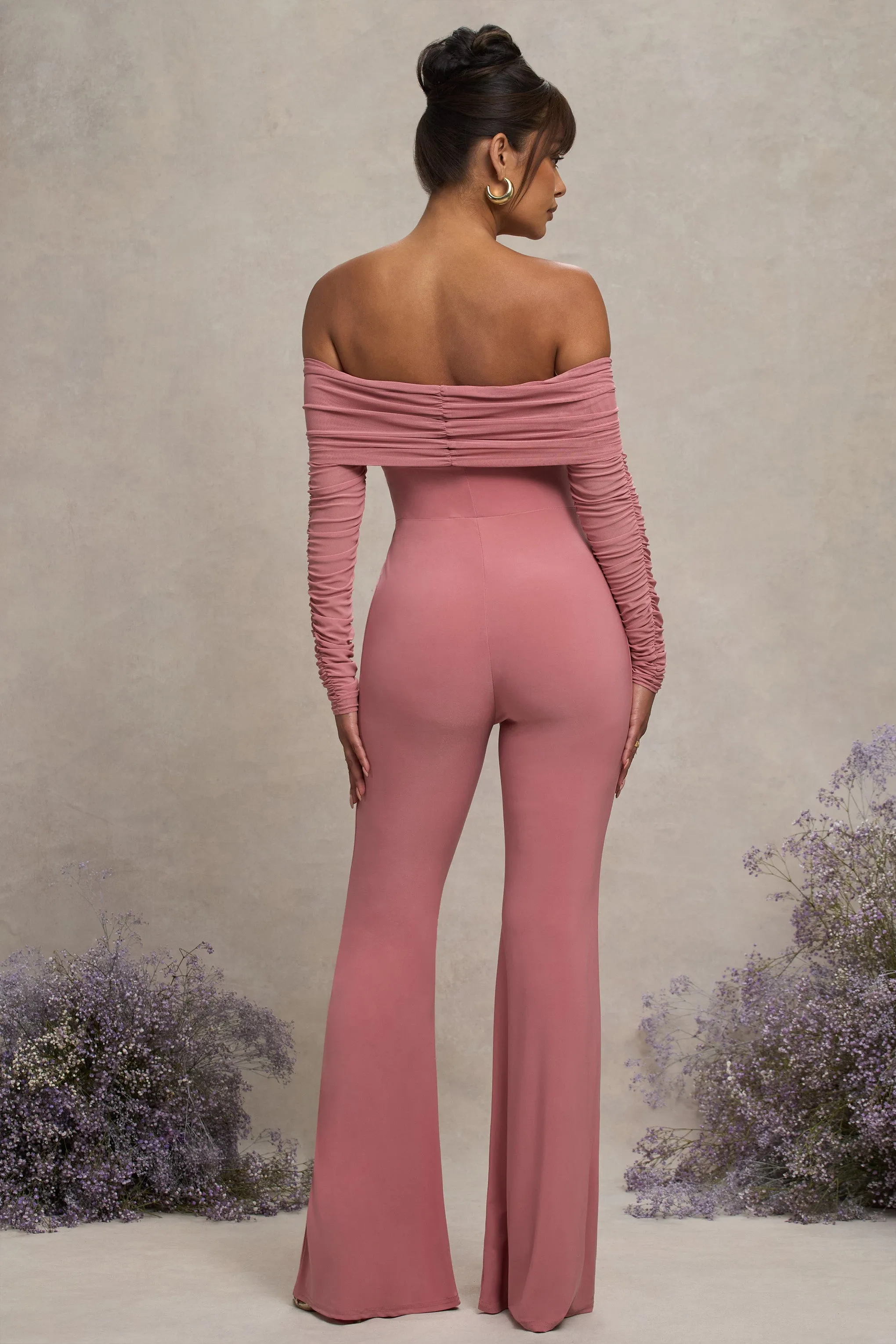 Count Down | Blush Pink Maternity Ruched Mesh Bardot Jumpsuit sold by Club L London product image thumbnail 2