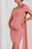 Real Love | Blush Pink Bardot Split Maternity Maxi Dress With Drape Detail sold by Club L London