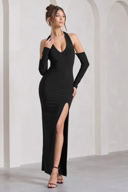 Solana | Black Halter-Neck Long-Sleeve Split Maxi Dress sold by Club L London