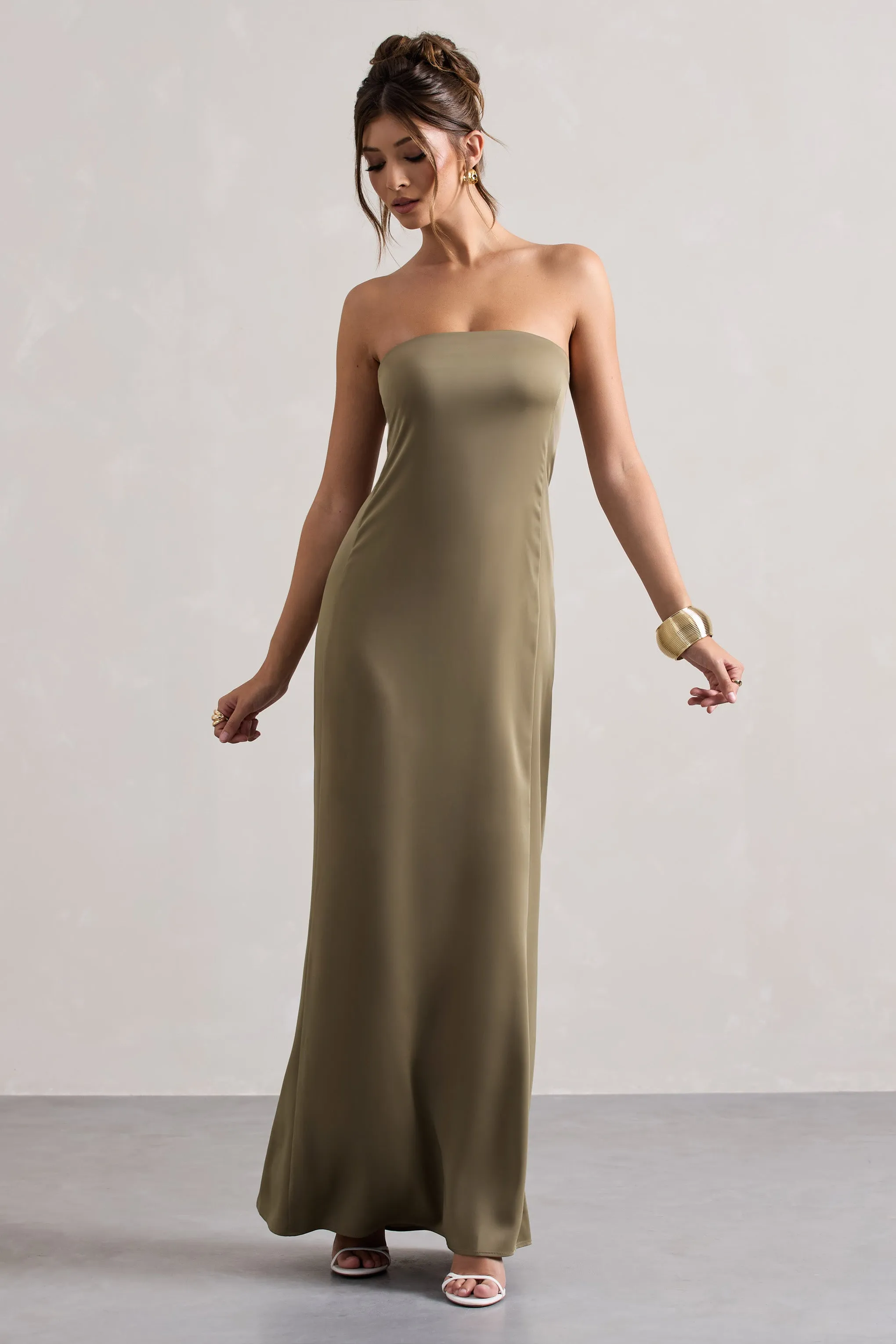 Azra | Olive Satin Bandeau Maxi Dress sold by Club L London product image thumbnail 5