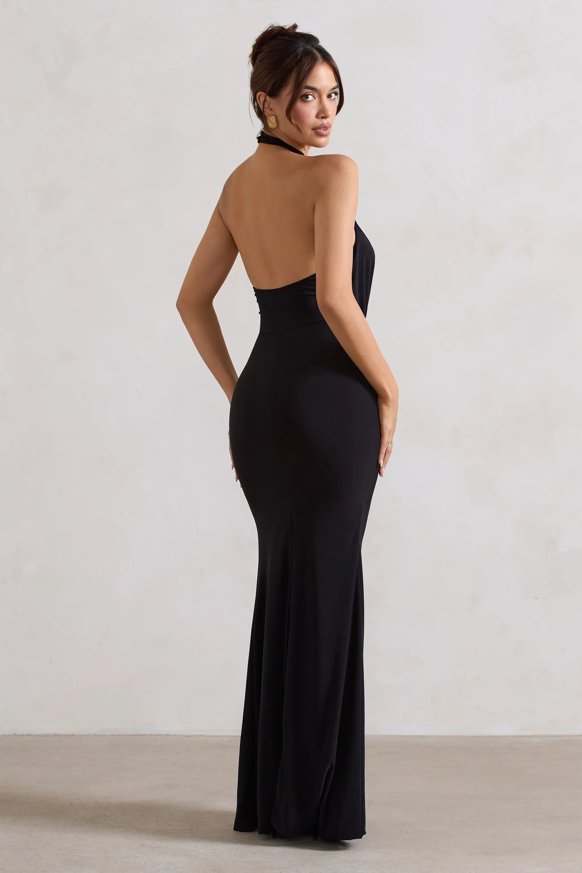Forever Dreaming | Black Backless Halter Neck Ruched Split Maxi Dress sold by Club L London product image thumbnail 2