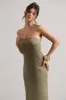 Azra | Olive Satin Bandeau Maxi Dress sold by Club L London