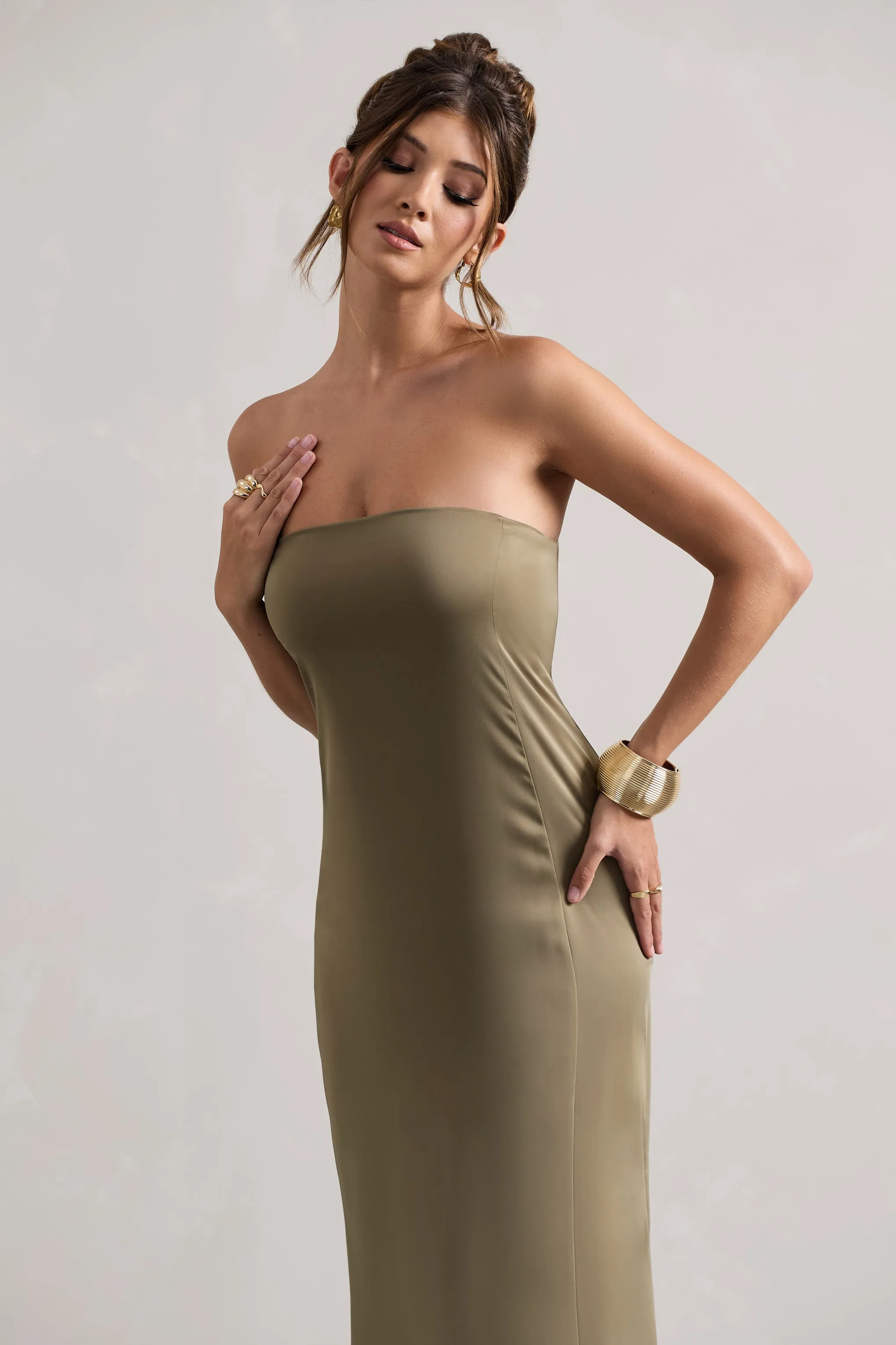 Azra | Olive Satin Bandeau Maxi Dress sold by Club L London product image thumbnail 3